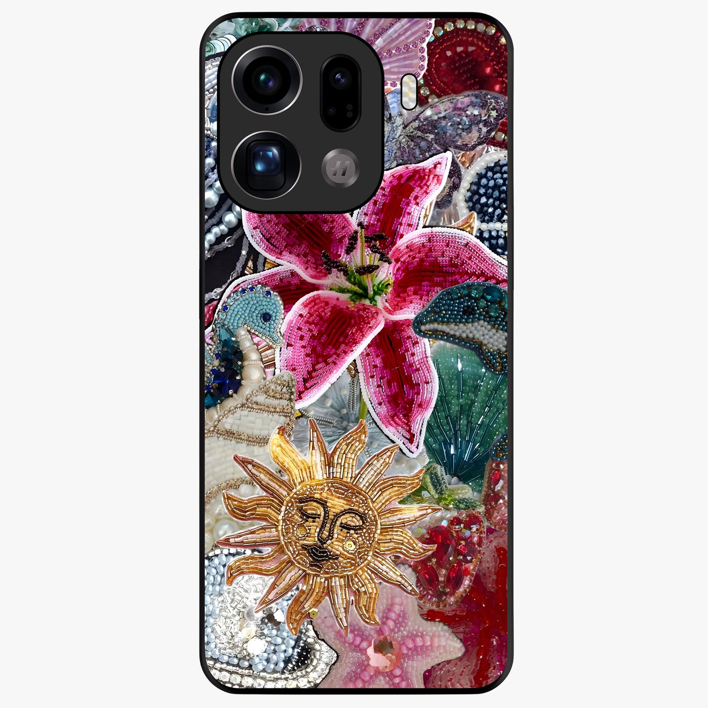 Beaded Garden Fantasy Glass Case showing flat back view with dreamy garden bead artwork and glossy glass finish.