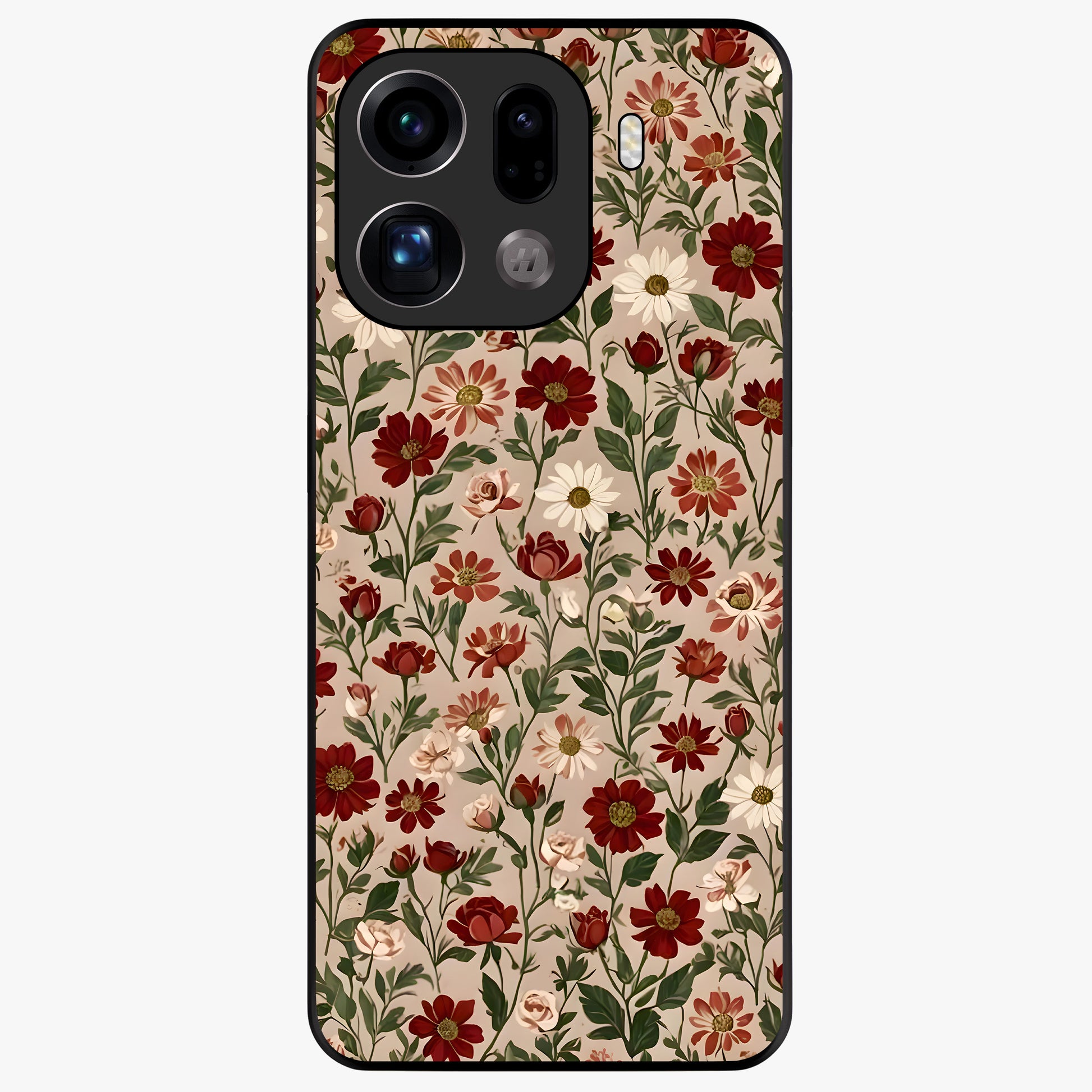 Biege Flower With Leaf Glass Case showing flat back view with soft beige floral artwork and glossy glass finish.