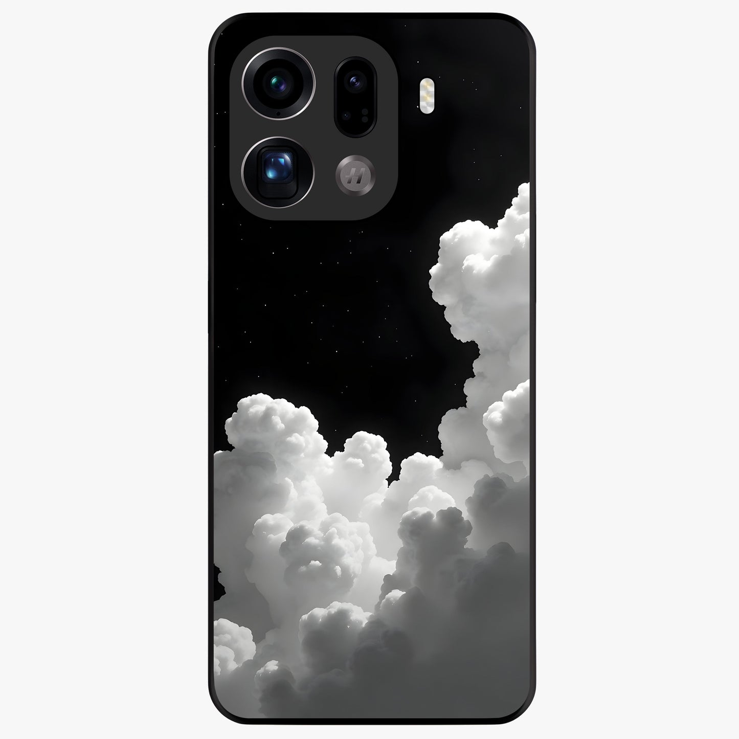 Black Background With White Cloud Glass Case showing flat back view with minimal cloud artwork on dark background and glossy glass finish.