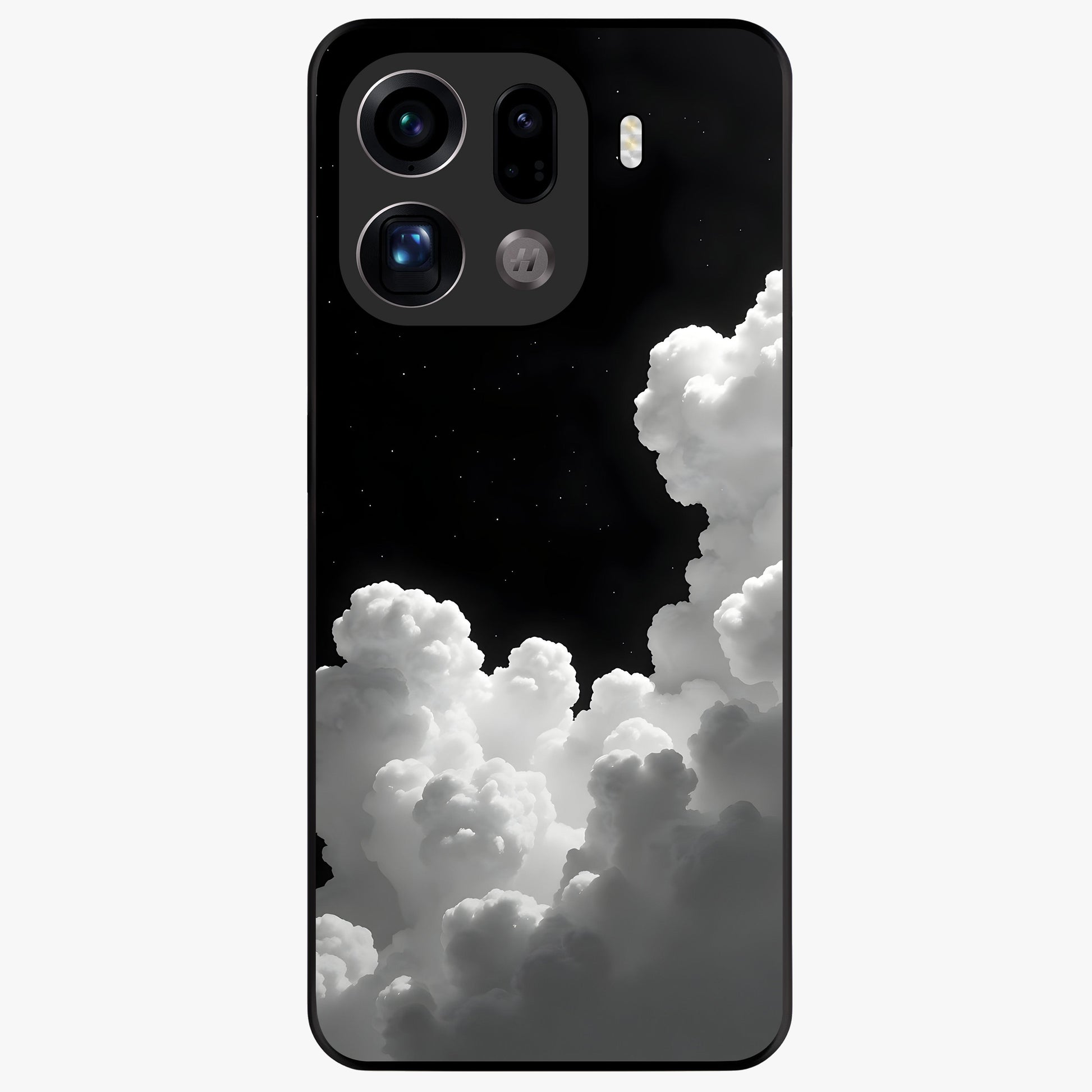 Black Background With White Cloud Glass Case showing flat back view with minimal cloud artwork on dark background and glossy glass finish.