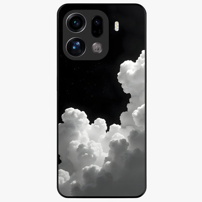 Black Background With White Cloud Glass Case showing flat back view with minimal cloud artwork on dark background and glossy glass finish.
