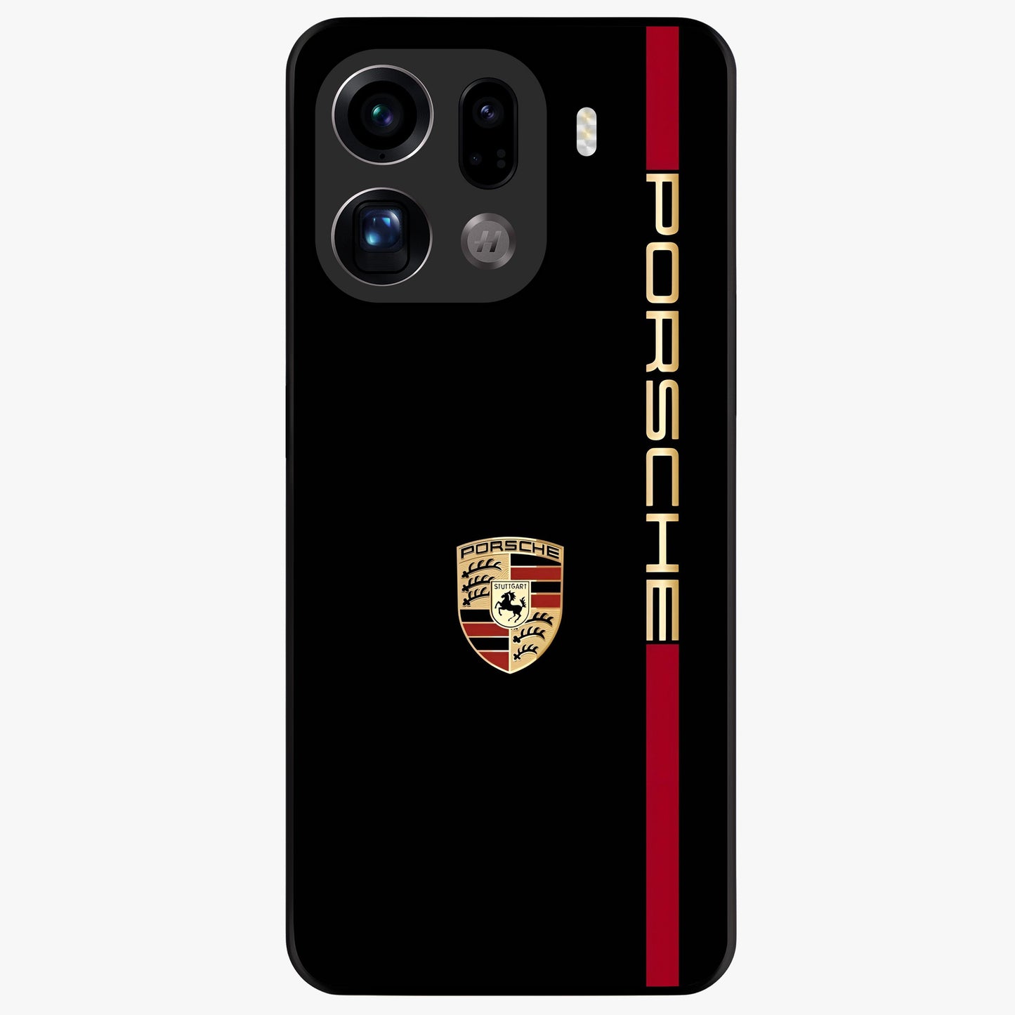 Black Minimal Porsche Glass Case showing flat back view with sleek minimal sports car artwork and glossy glass finish.