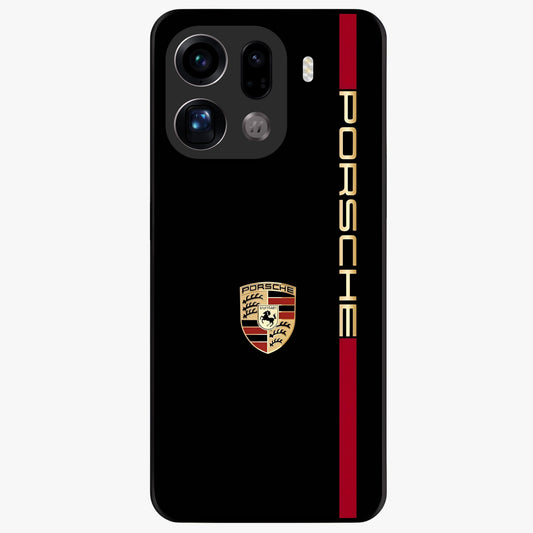 Black Minimal Porsche Glass Case showing flat back view with sleek minimal sports car artwork and glossy glass finish.