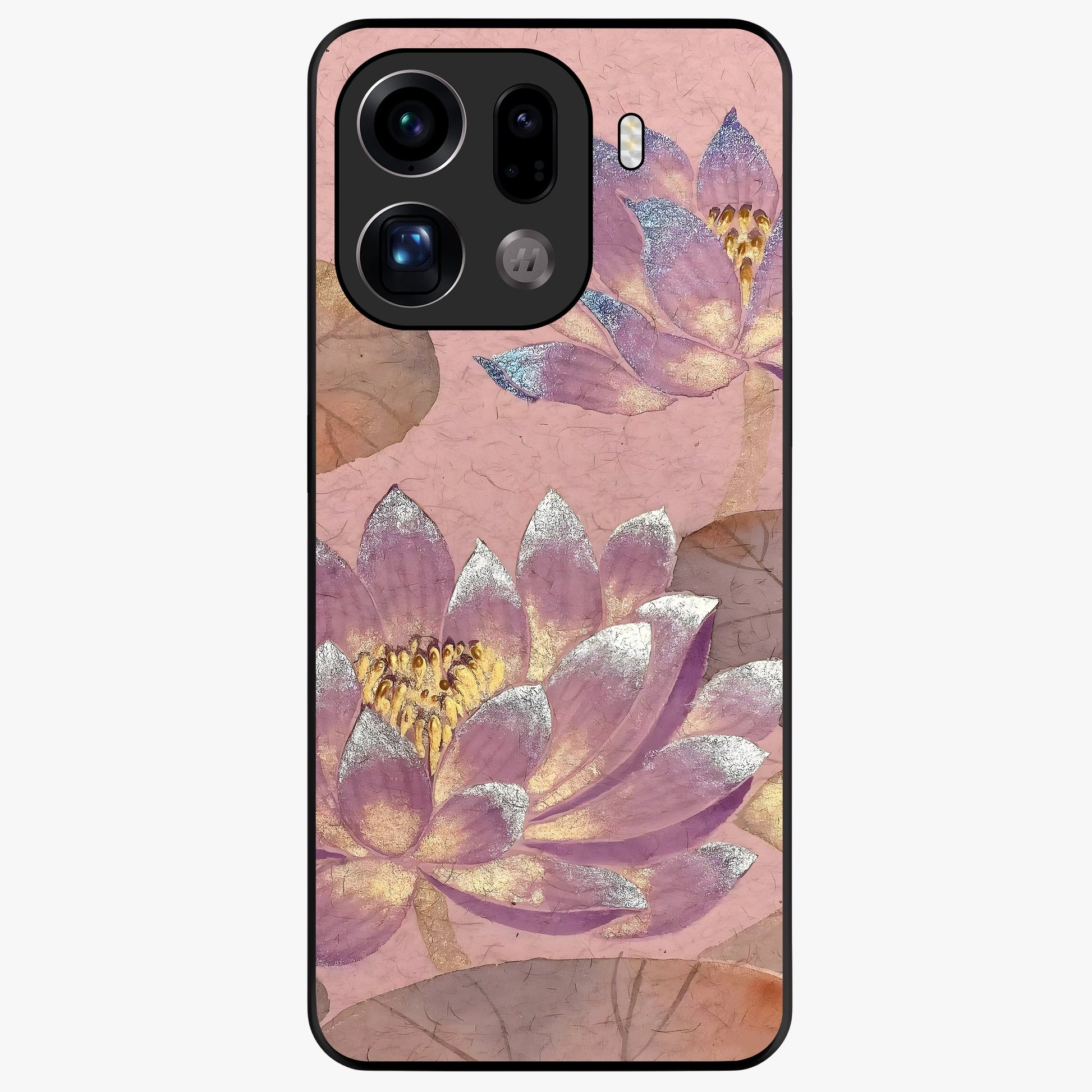 Blossom Mist Lotus Glass Case showing flat back view with serene lotus blossom artwork and glossy glass finish.