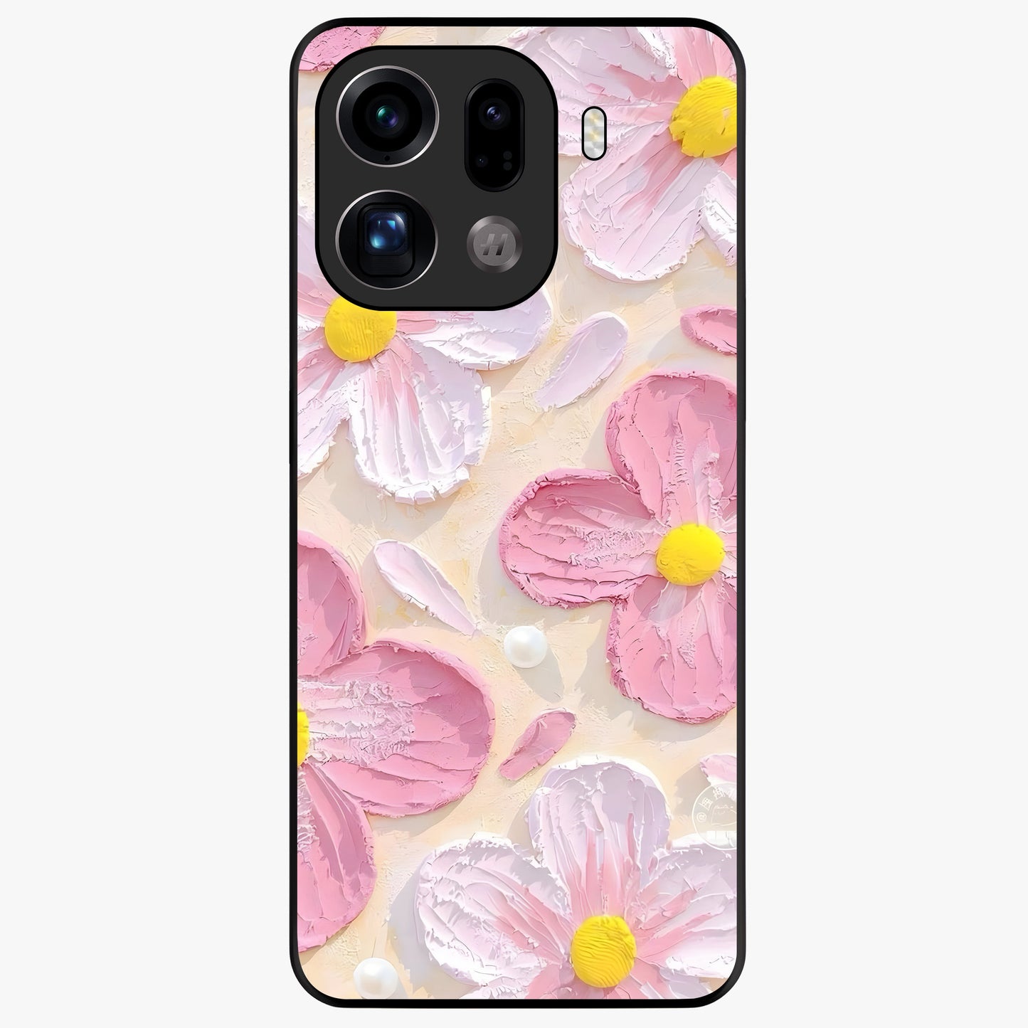 Blush Bloom Texture Glass Case showing flat back view with soft blush floral texture artwork and glossy glass finish.