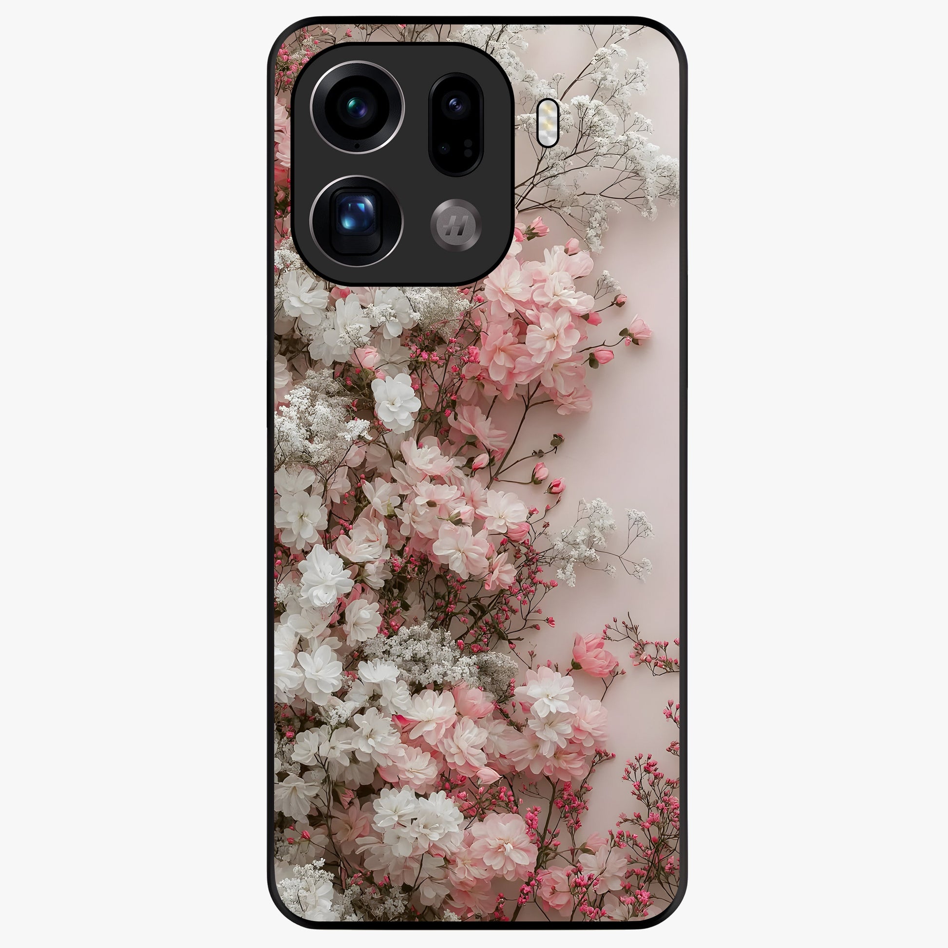Blush Blossom Cloud Glass Case showing flat back view with dreamy blush cloud blossom artwork and glossy glass finish.
