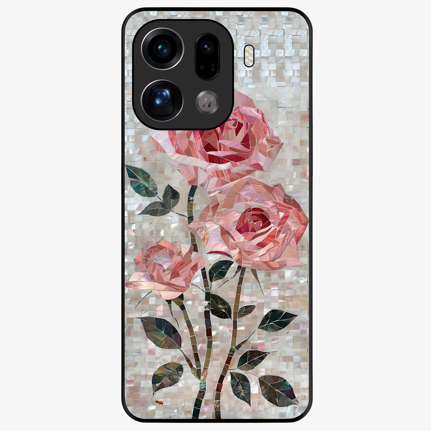 Blush Mosaic Bloom Glass Case showing flat back view with mosaic floral bloom artwork and glossy glass finish.