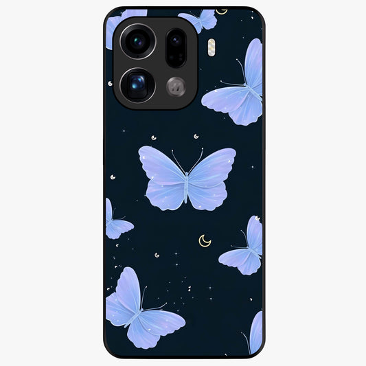 Butterfly With Stars Pattern Glass Case showing flat back view with butterfly and star pattern artwork and glossy glass finish.