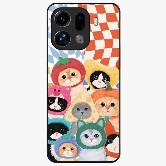 Cats in Fruits Glass Case showing flat back view with playful cat illustrations inside fruit artwork and glossy glass finish.