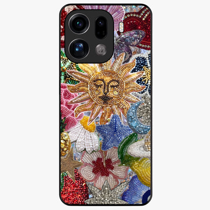 Celestial Floral and Playful Glass Case showing flat back view with floral and celestial themed artwork and glossy glass finish.