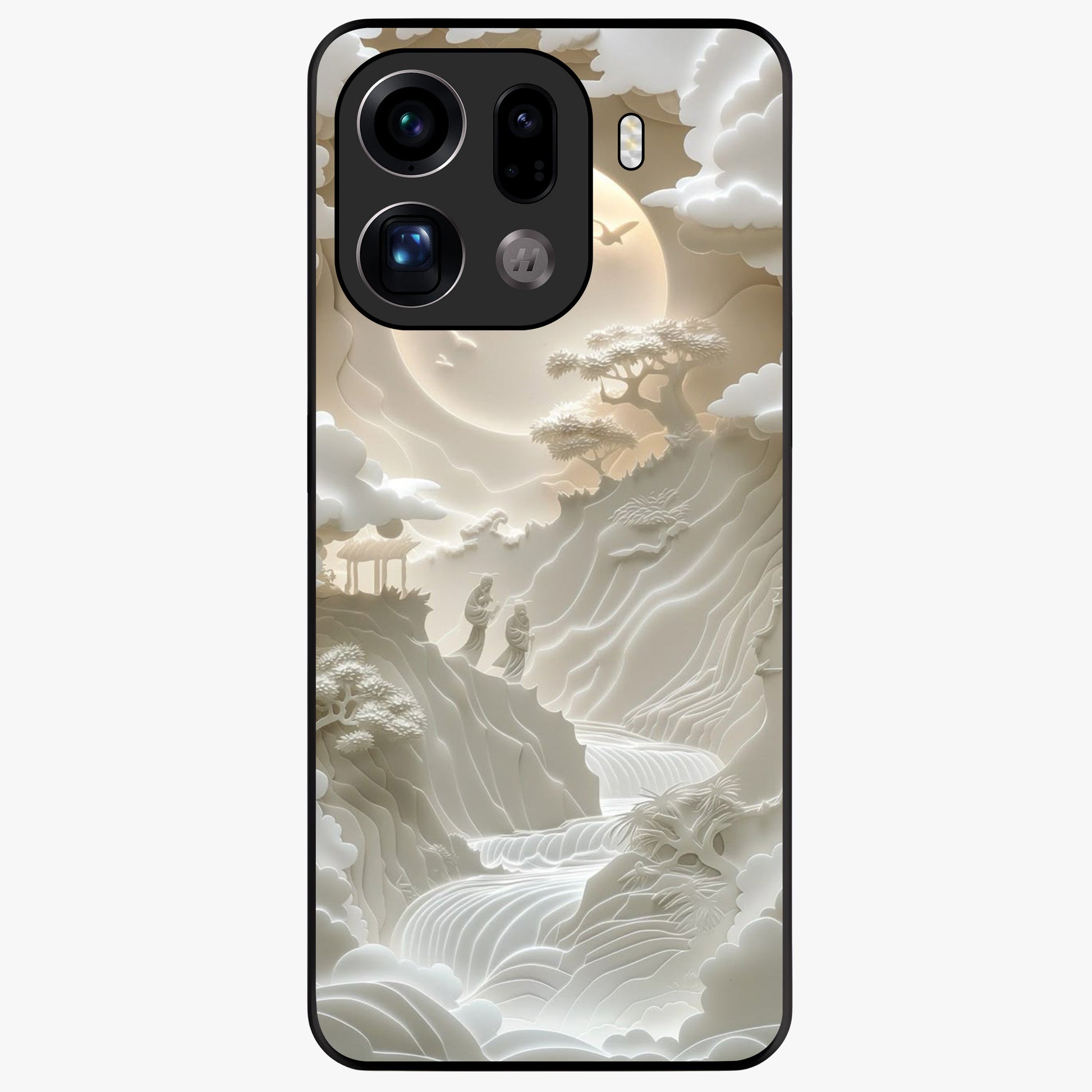 Celestial Origami Glass Case showing flat back view with artistic origami inspired celestial artwork and glossy glass finish.