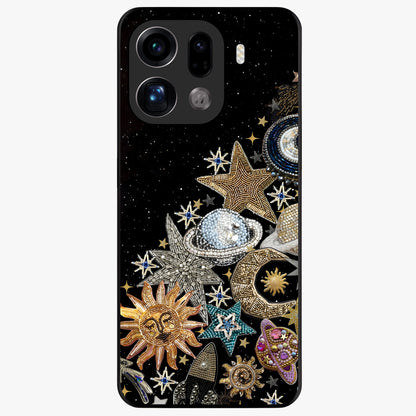 Cosmic Sparkle Dreams Glass Case showing flat back view with sparkling cosmic artwork and glossy glass finish.