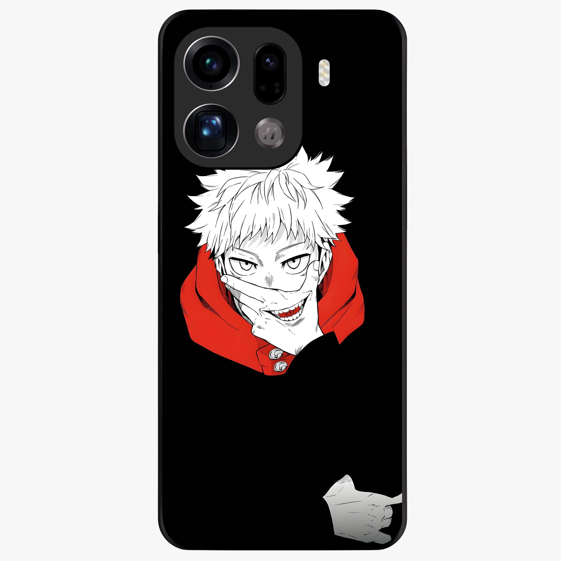 Crimson Chaos Smile Glass Case showing flat back view with bold chaotic smile artwork and glossy glass finish.