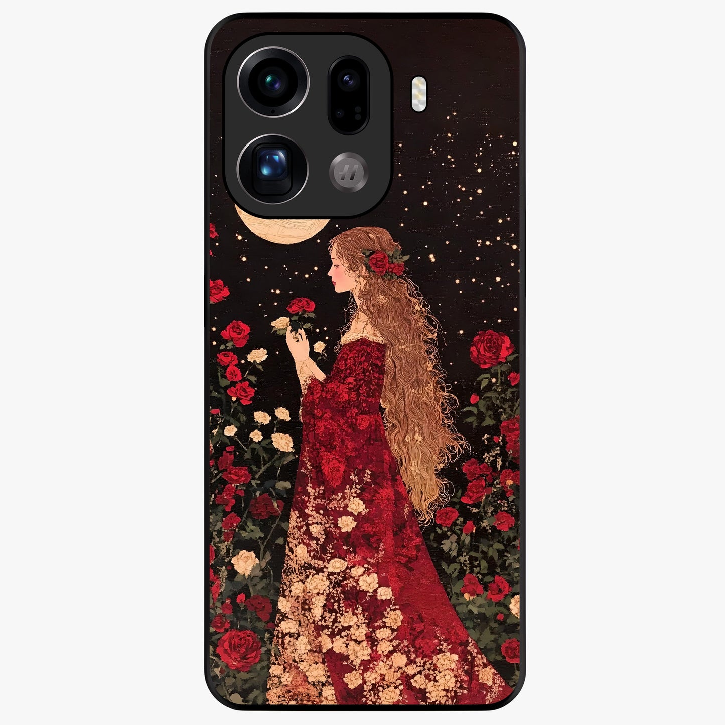 Crimson Dreams Glass Case showing flat back view with dreamy crimson artwork and glossy glass finish.