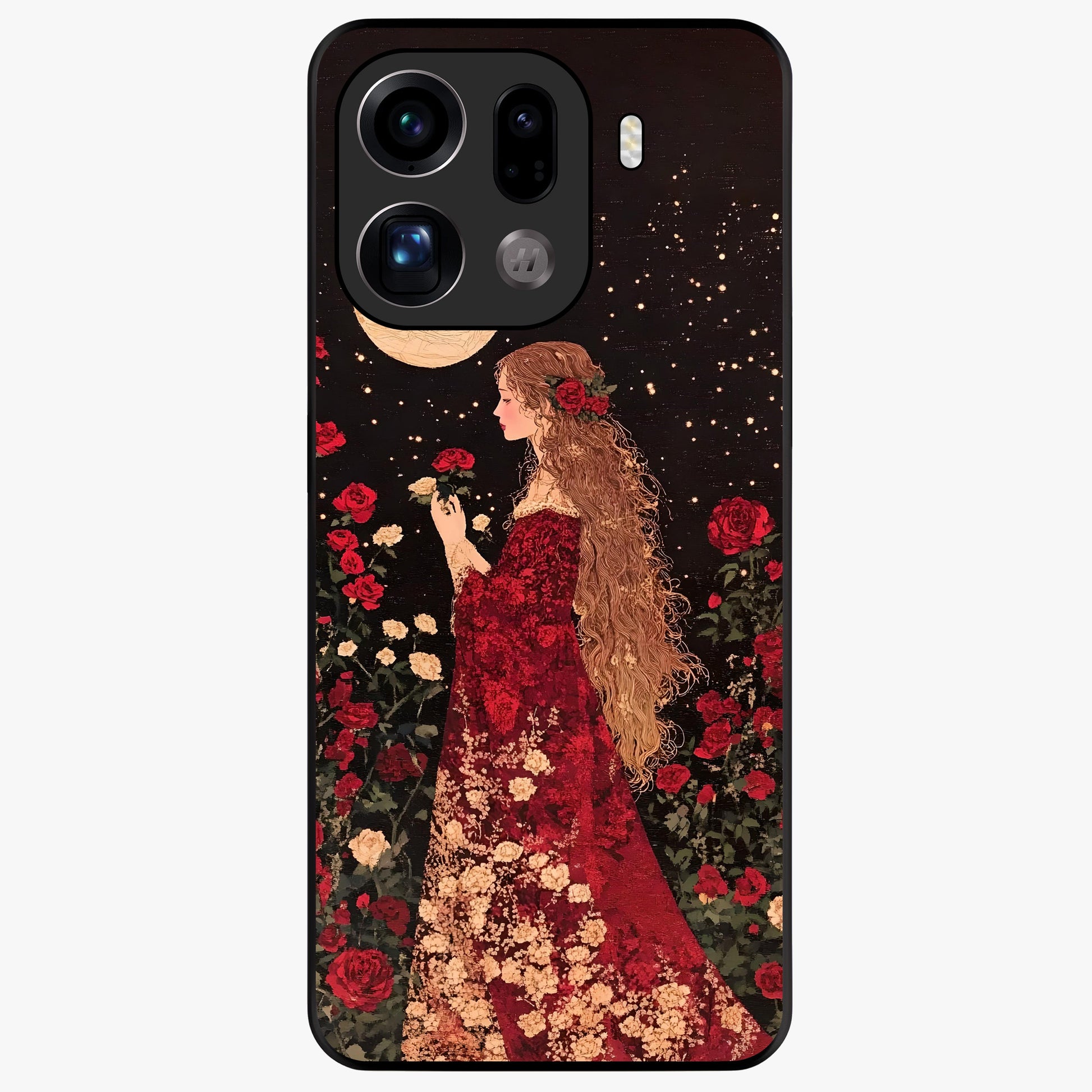 Crimson Dreams Glass Case showing flat back view with dreamy crimson artwork and glossy glass finish.