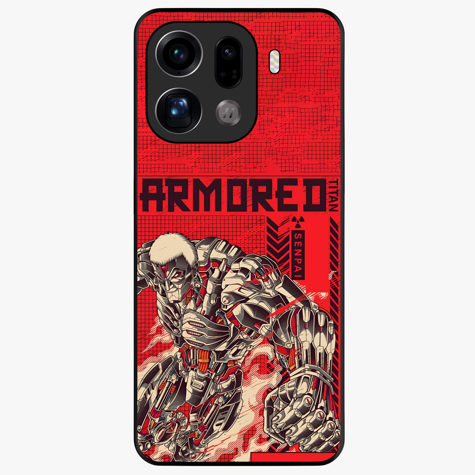 Crimson Mecha Titan Glass Case showing flat back view with powerful mech titan artwork and glossy glass finish.