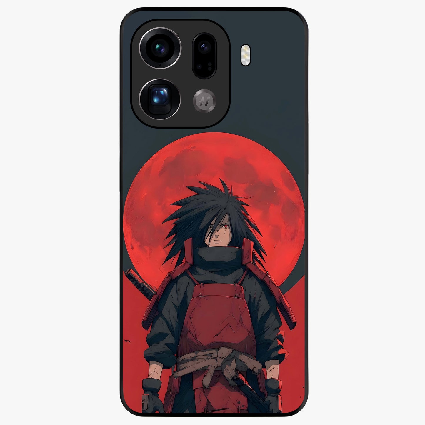 Crimson Moon Warlord Glass Case showing flat back view with mystical moon warrior artwork and glossy glass finish.