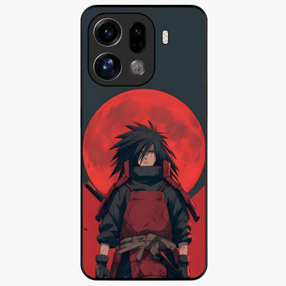 Crimson Moon Warlord Glass Case showing flat back view with mystical moon warrior artwork and glossy glass finish.