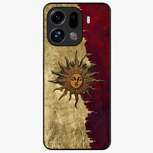 Crimson Sun Majesty Glass Case showing flat back view with radiant sun inspired artwork and glossy glass finish.