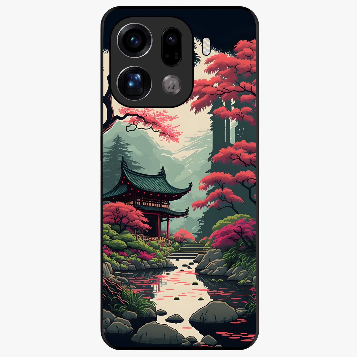 Crimson Temple View Glass Case showing flat back view with temple inspired artwork and glossy glass finish.