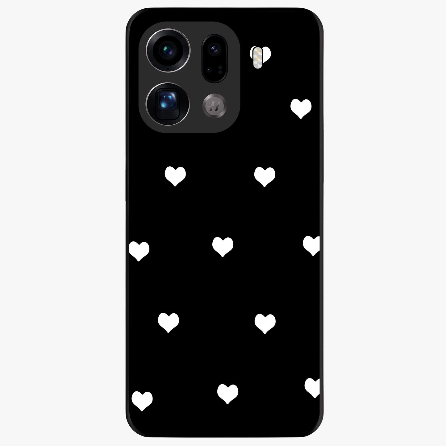 Cute And Simple White Hearts Glass Case showing flat back view with minimal white heart pattern and glossy glass finish.