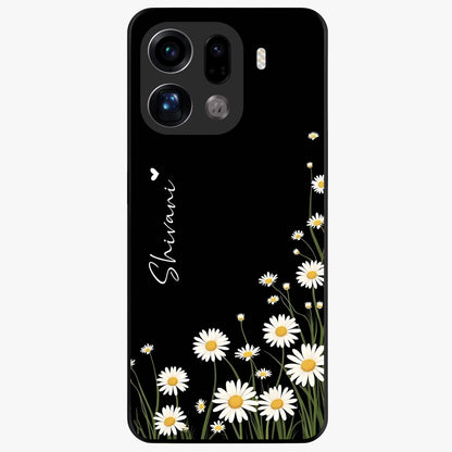 Daisy Cascade Custom Name Glass Case showing flat back view with cascading daisy flowers and personalized name design.