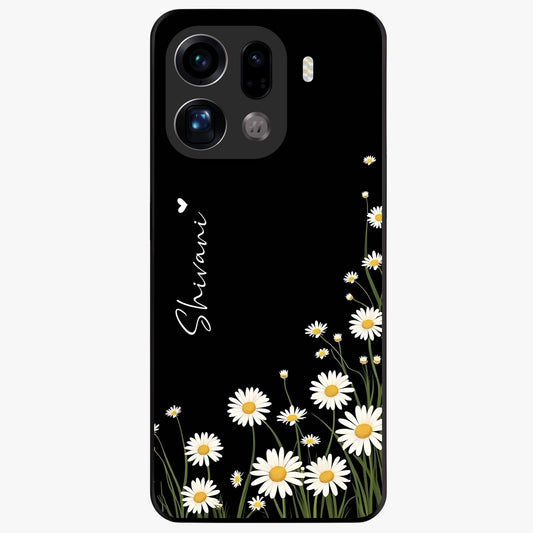 Daisy Cascade Custom Name Glass Case showing flat back view with cascading daisy flowers and personalized name design.