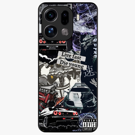 Die Young Glass Case showing flat back view with bold artistic typography design and glossy glass finish.