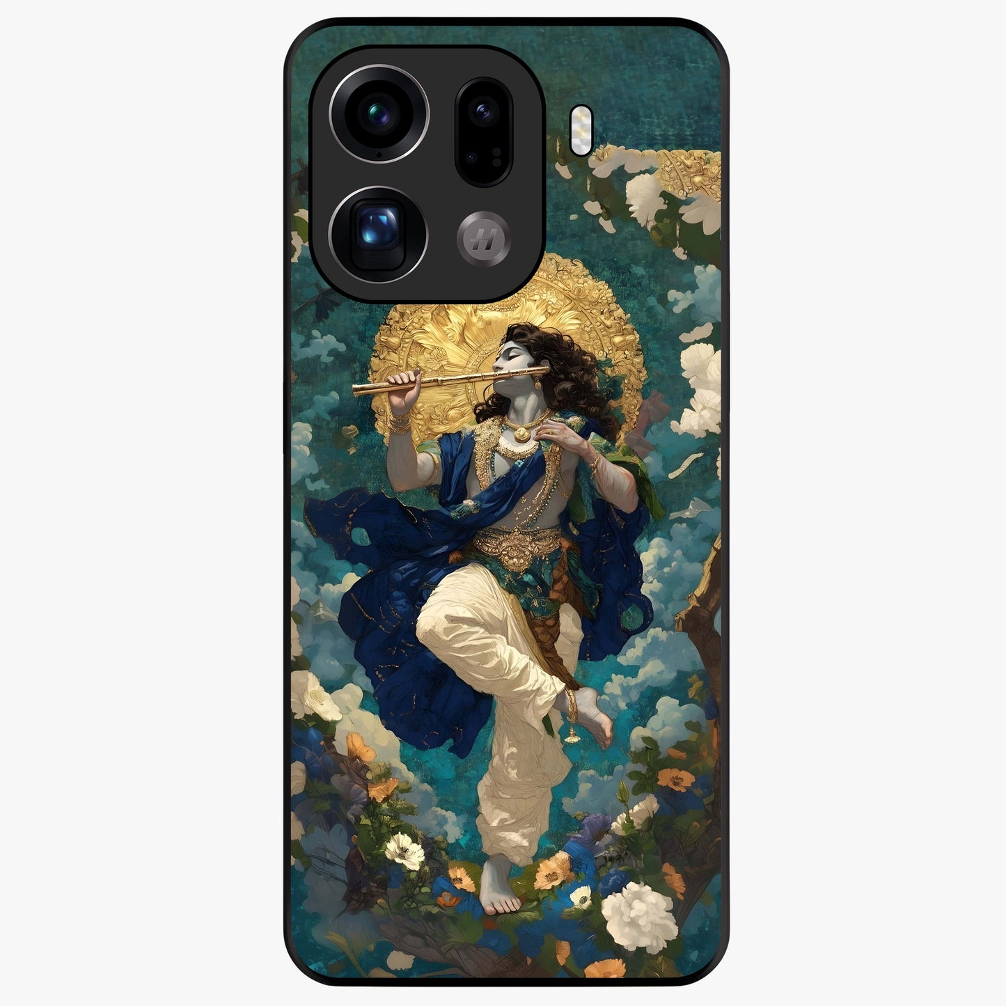 Divine Krishna Art Glass Case showing flat back view with Lord Krishna artwork and glossy glass finish.