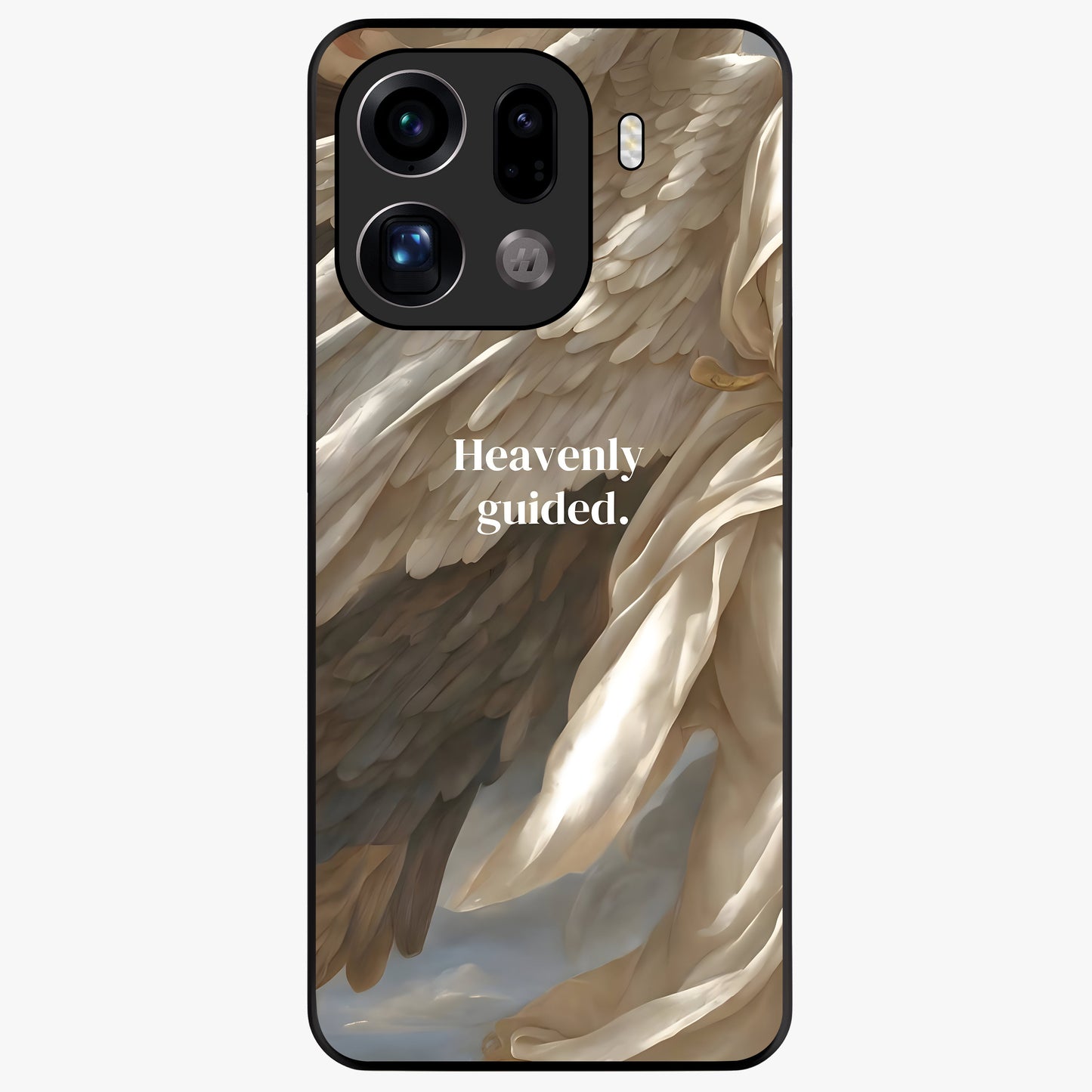Divine Winged Grace Glass Case showing flat back view with elegant wing inspired artwork and glossy glass finish.
