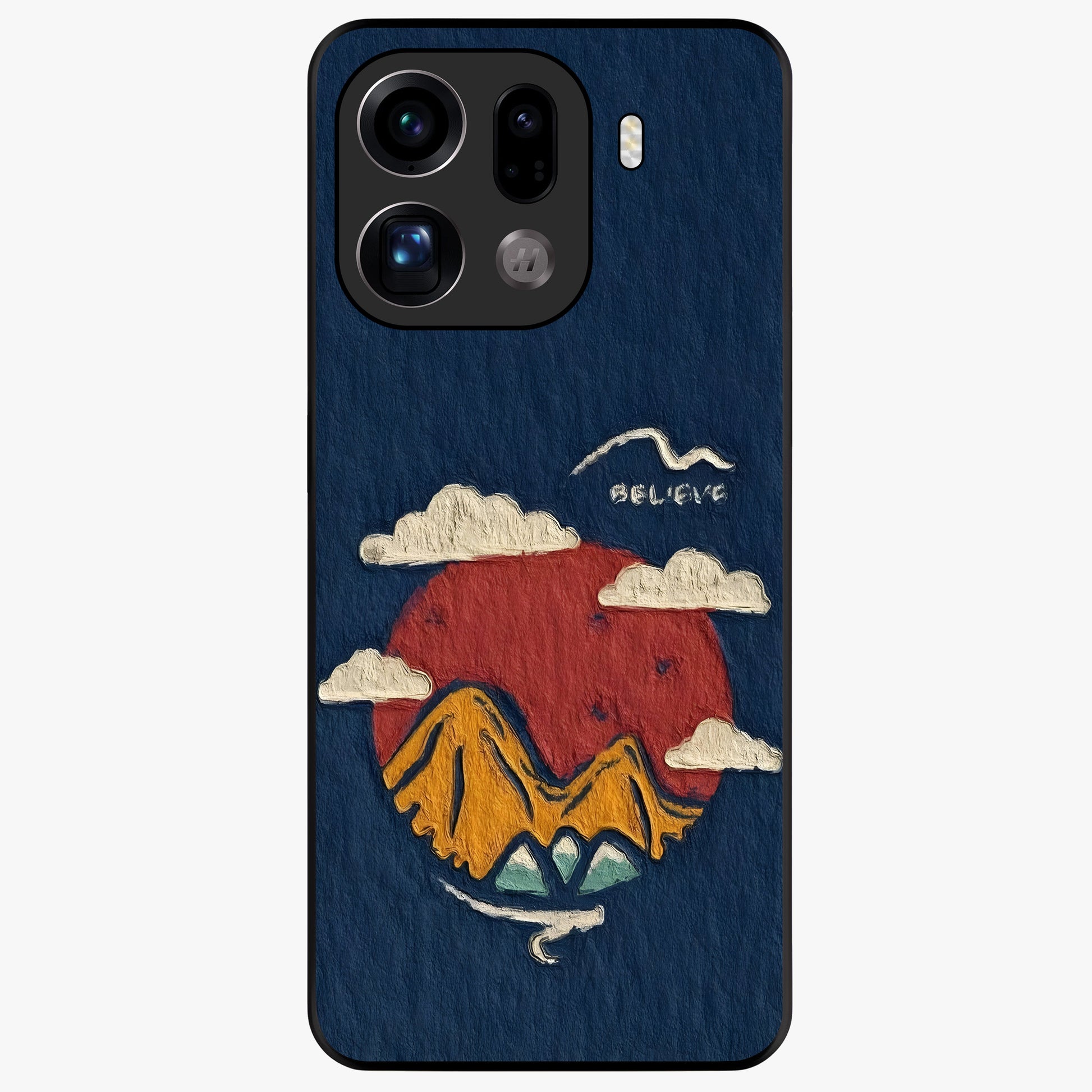 Dream Beyond Mountains Glass Case showing flat back view with scenic mountain landscape artwork and glossy glass finish.