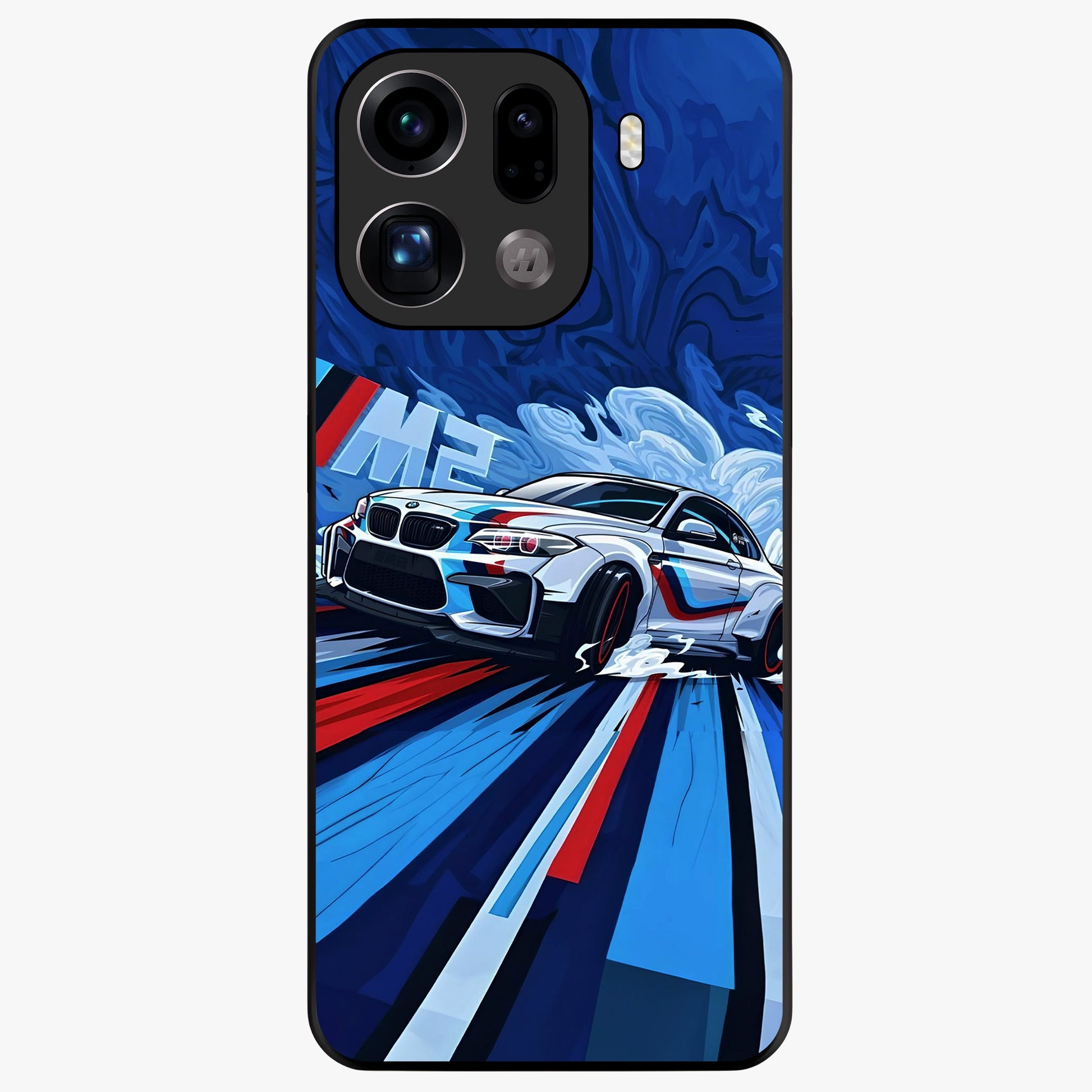 Drift Power Rush Glass Case showing flat back view with dynamic racing inspired artwork and glossy glass finish.