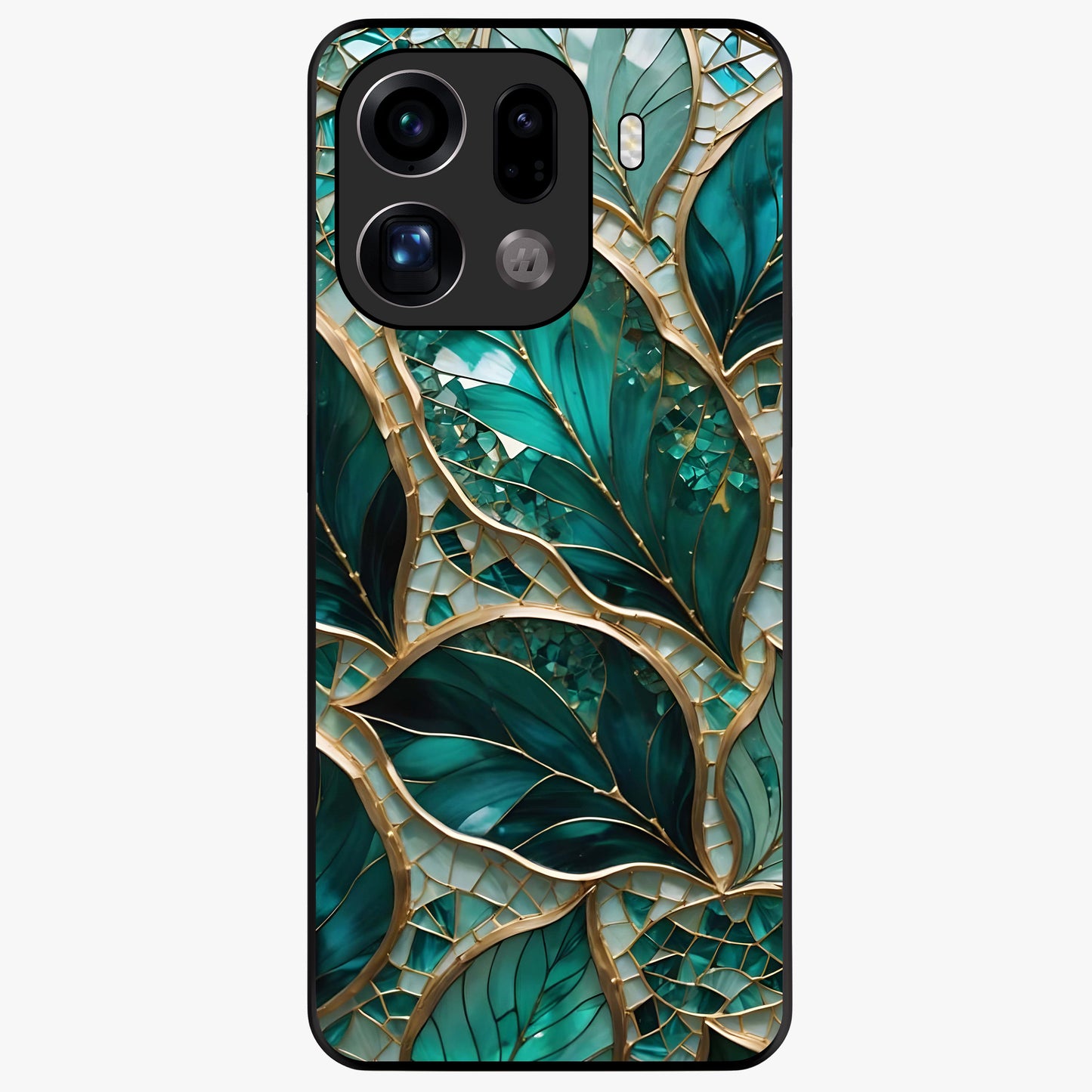 Emerald Leaf Glass Glass Case showing flat back view with emerald green leaf artwork and glossy glass finish.