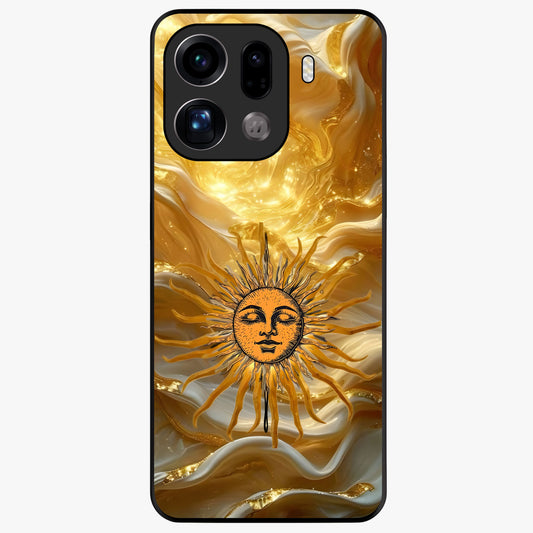 Eternal Golden Glow Glass Case showing flat back view with radiant golden themed artwork and glossy glass finish.