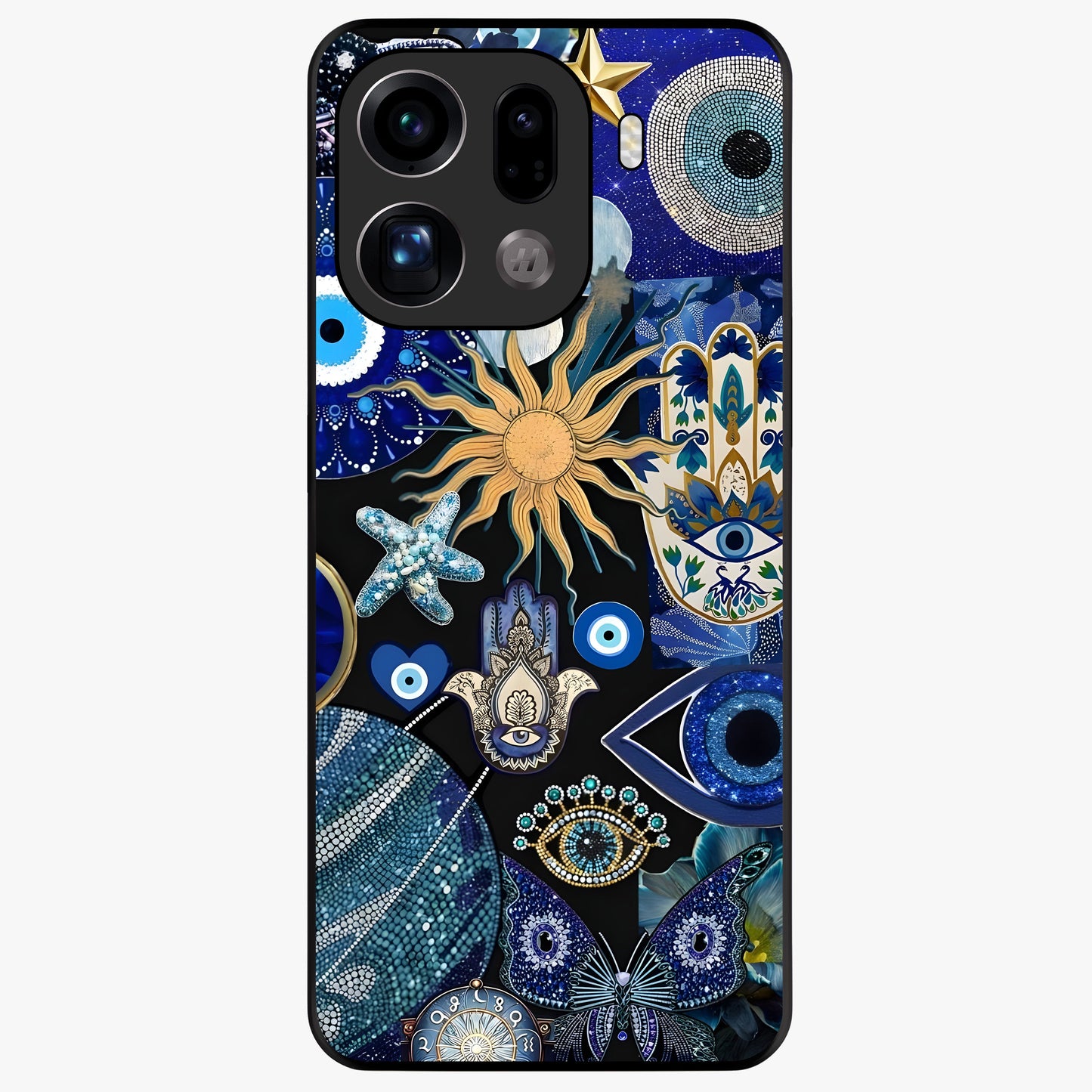 Evil Eye Charm Mix Glass Case showing flat back view with multiple evil eye charms artwork and glossy glass finish.