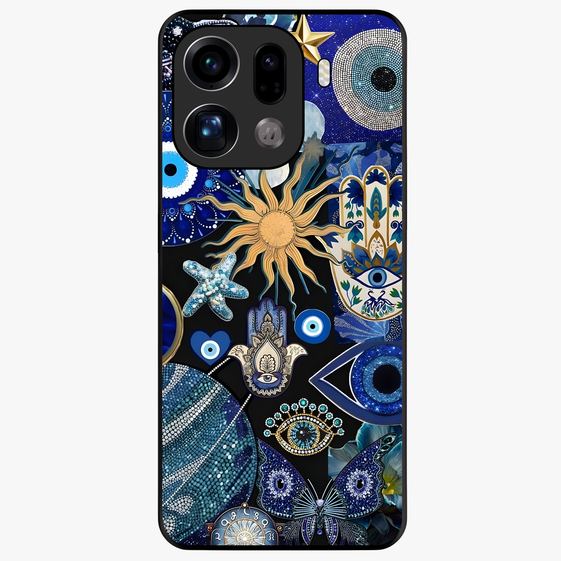 Evil Eye Charm Mix Glass Case showing flat back view with multiple evil eye charms artwork and glossy glass finish.