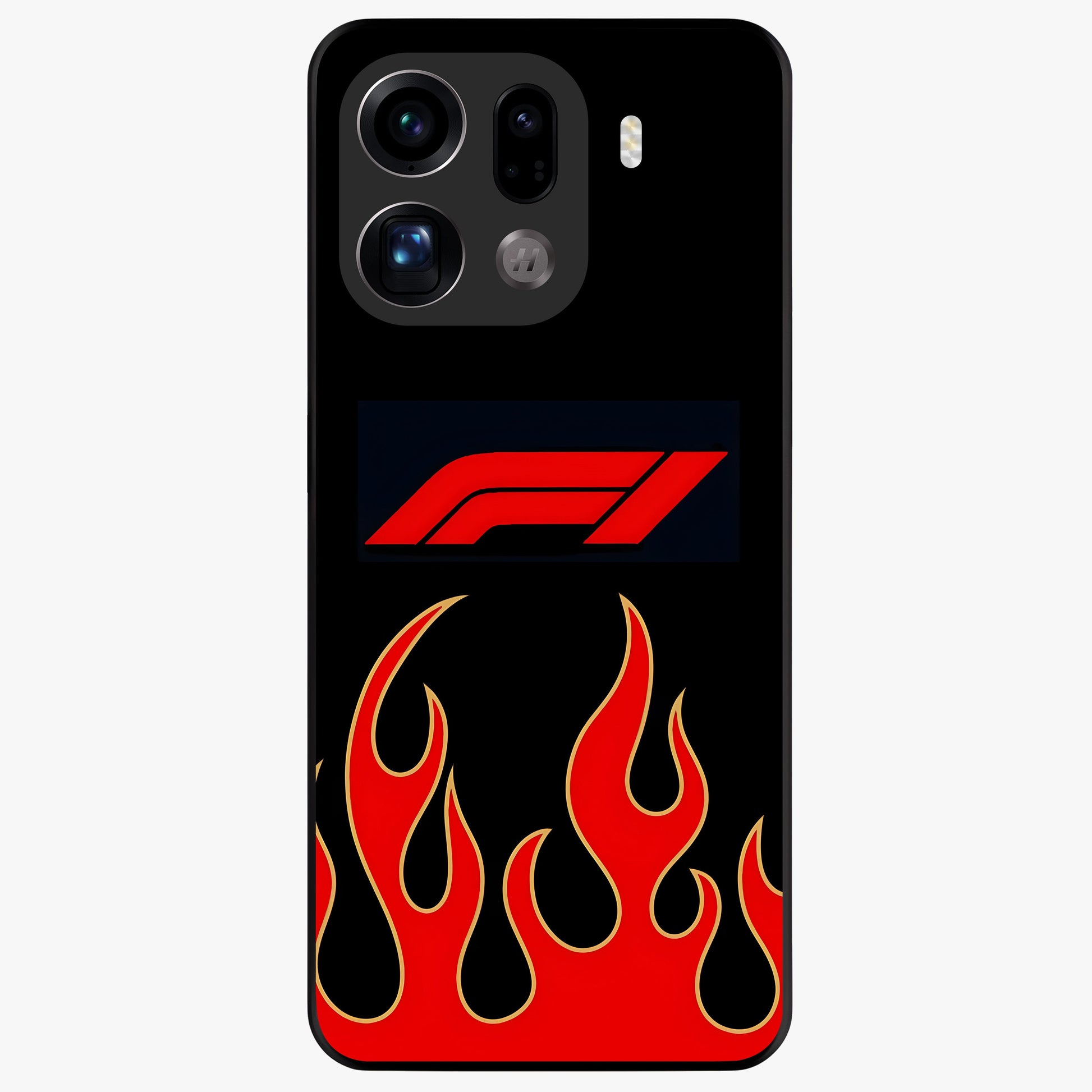 Fire F11 Glass Case showing flat back view with fiery themed artwork and glossy glass finish.