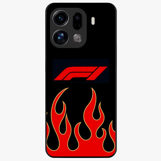 Fire F11 Glass Case showing flat back view with fiery themed artwork and glossy glass finish.
