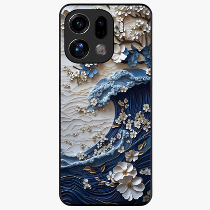 Floral Wave Origami Glass Case showing flat back view with origami inspired floral wave artwork and glossy glass finish.