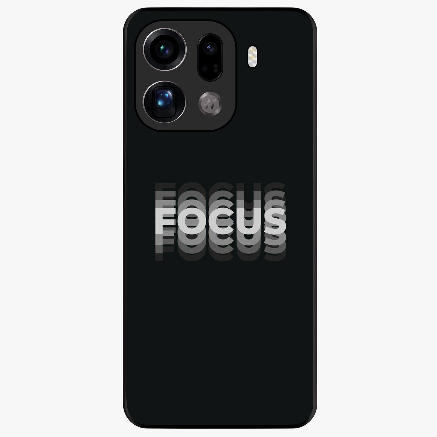 Focus Mode On Glass Case showing flat back view with bold motivational typography design and glossy glass finish.