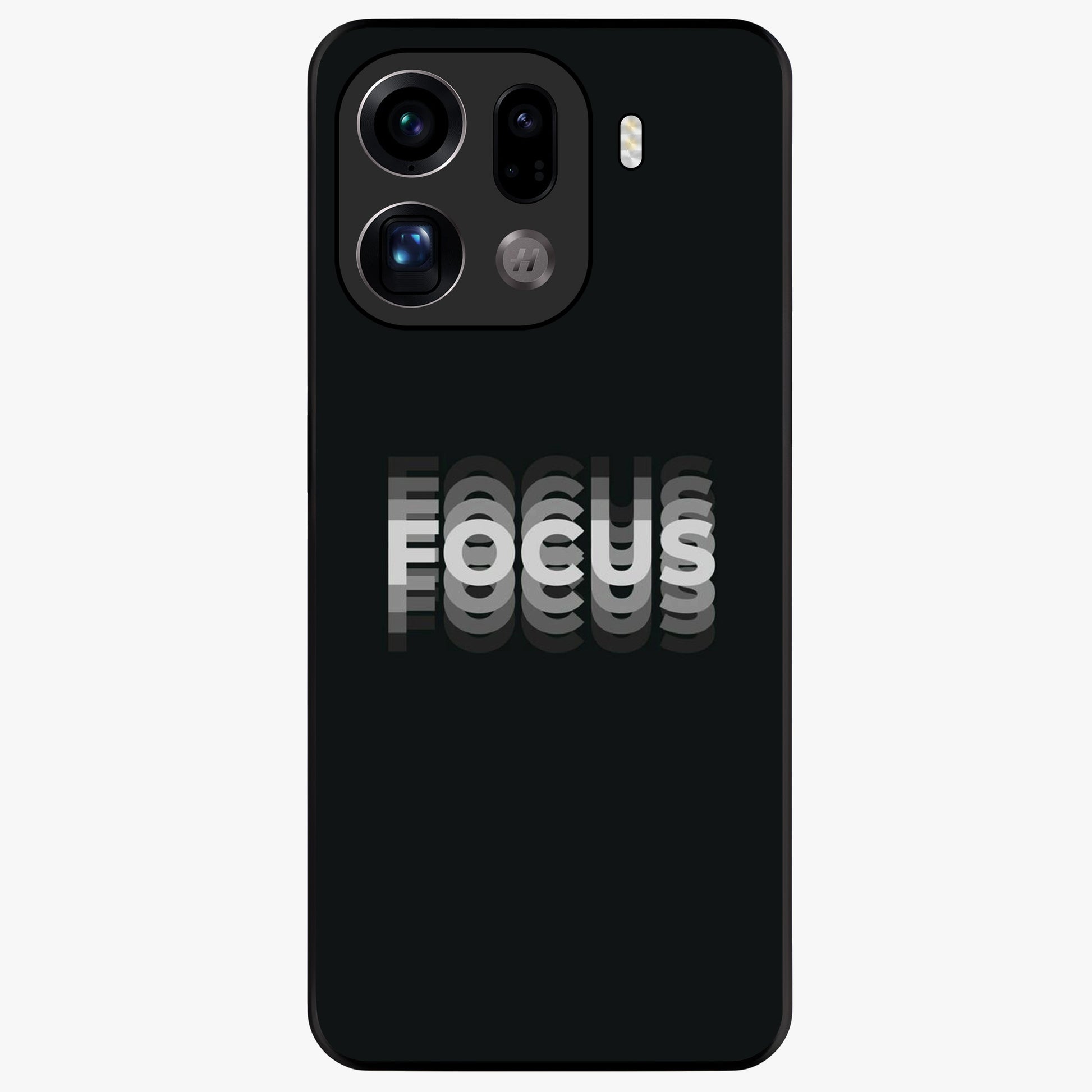 Focus Mode On Glass Case showing flat back view with bold motivational typography design and glossy glass finish.