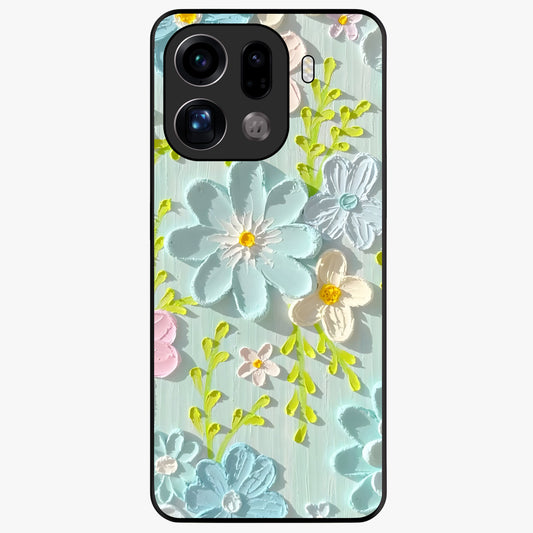 Frosted Petal Garden Glass Case showing flat back view with soft frosted floral artwork and glossy glass finish.