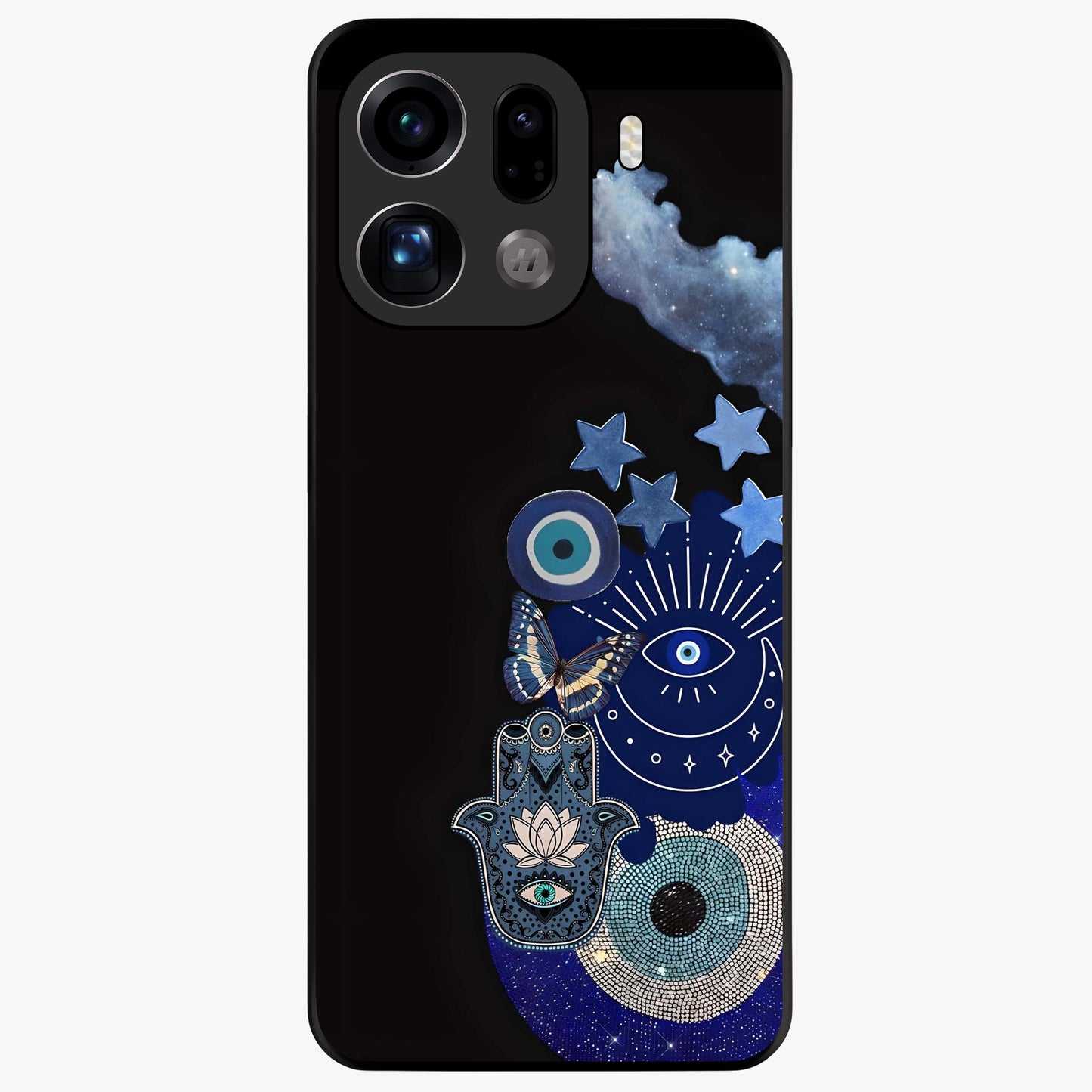 Galactic Charm Cluster Glass Case showing flat back view with glowing celestial charm artwork and glossy glass finish.
