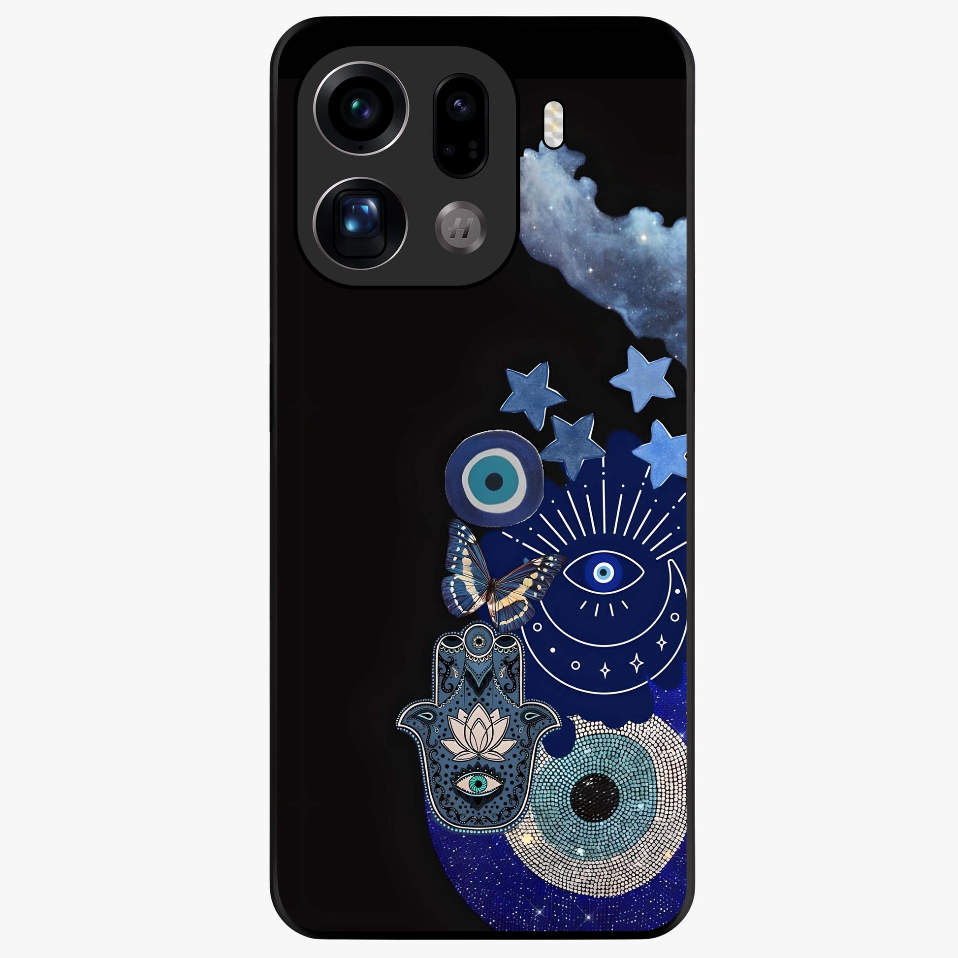 Galactic Charm Cluster Glass Case showing flat back view with glowing celestial charm artwork and glossy glass finish.