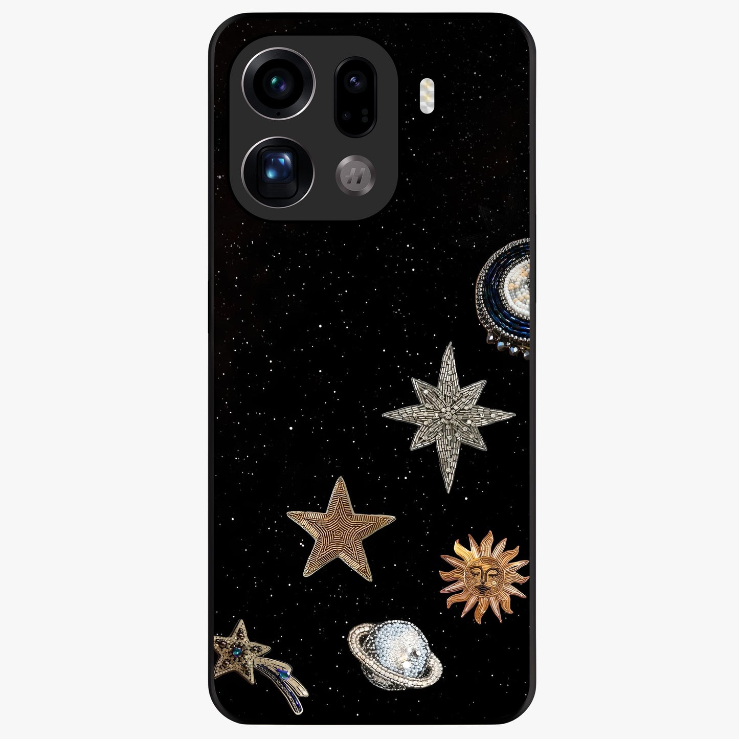 Galactic Charm Glow Glass Case showing flat back view with glowing celestial charm artwork and glossy glass finish.