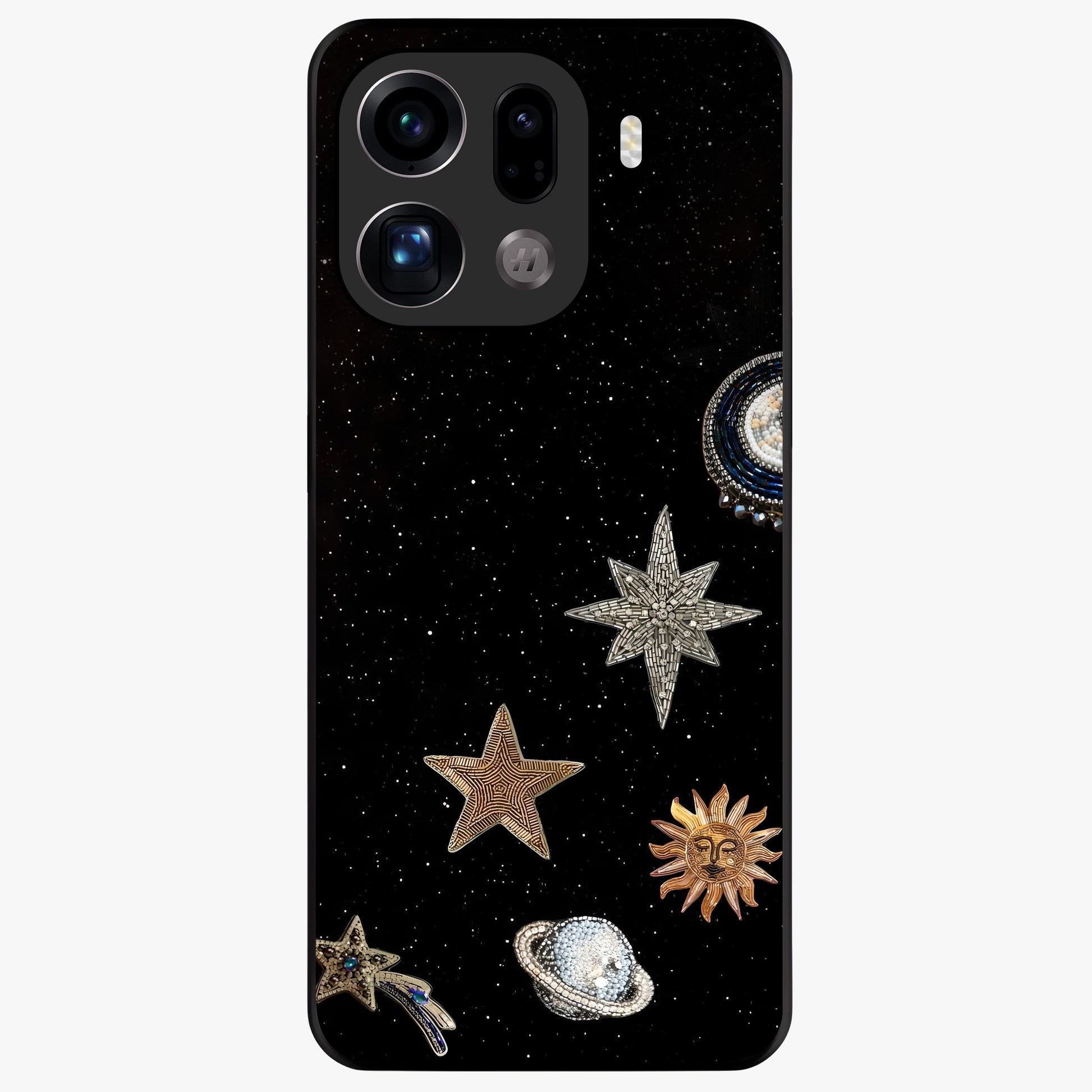 Galactic Charm Glow Glass Case showing flat back view with glowing celestial charm artwork and glossy glass finish.