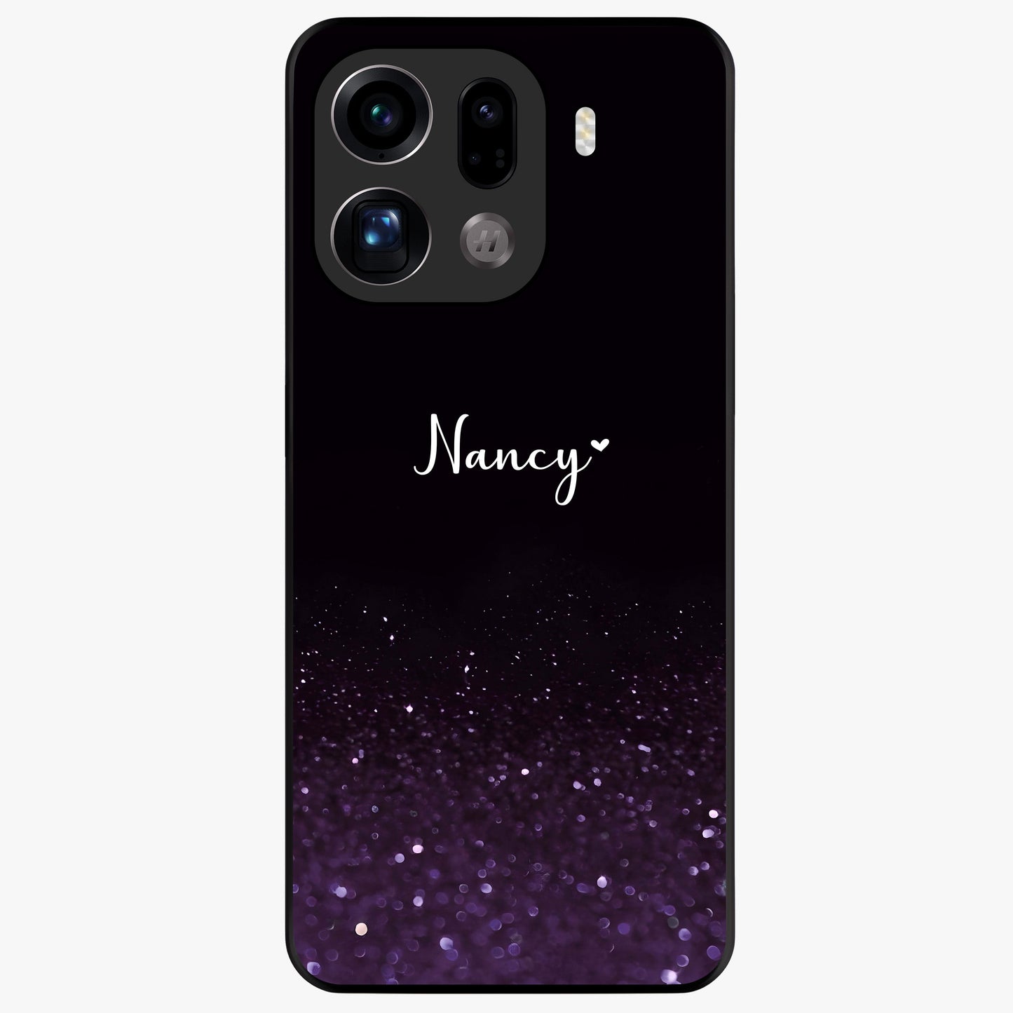 Glittery Purple Bokeh Custom Name Glass Case showing flat back view with purple bokeh sparkle artwork and personalized name design.