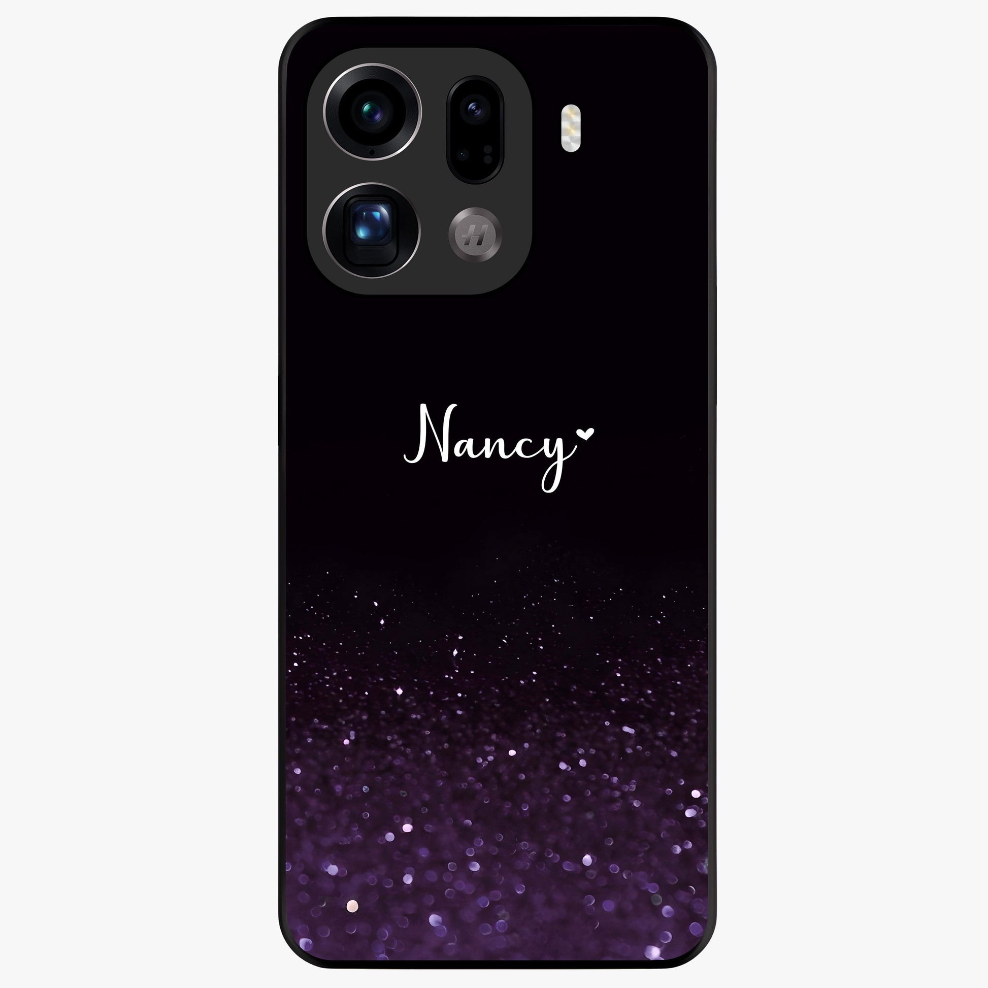 Glittery Purple Bokeh Custom Name Glass Case showing flat back view with purple bokeh sparkle artwork and personalized name design.