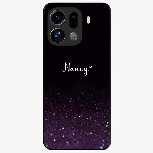 Glittery Purple Bokeh Custom Name Glass Case showing flat back view with purple bokeh sparkle artwork and personalized name design.