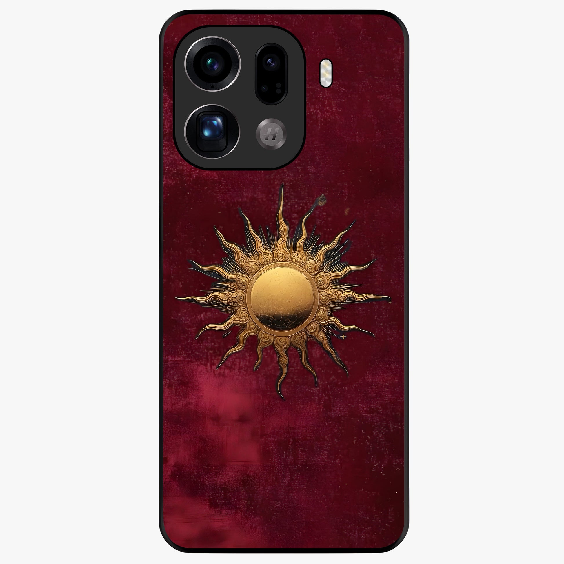 Gold Sun Blush Glass Case showing flat back view with golden sun inspired artwork and glossy glass finish.